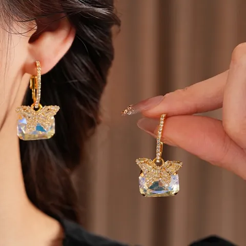 Butterfly Drop Earrings With Iridescent Rectangle Crystal Alloy Cubic Zirconia And Silver Earring Post Fashion For Women