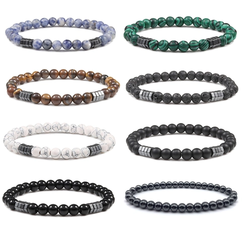 Natural Stone Beaded Bracelet Tiger Eye White Turquoise Agate Lava Stone Geometric Spacers Yoga Elastic Jewelry For Men Women