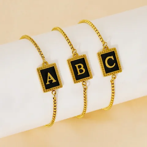 Initial Letter Bracelet 18K Gold Plated Stainless Steel Black Enamel Pendant Adjustable Box Chain Minimalist Jewelry Women