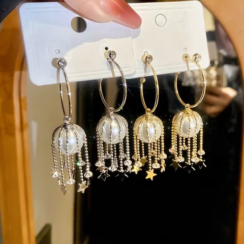 Künstliche Perlen Quasten Ohrhänger Mit 925 Sterling Silber Ohrstecker Zirkon Stern Lange Kette Damen