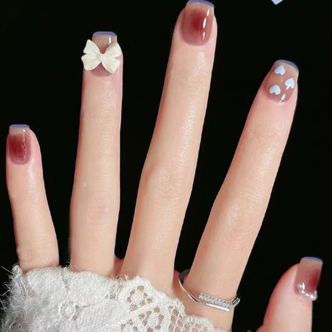 Press On Nails Glossy Pink Blush Gradient With 3D White Bows And Artificial Pearls Heart Pattern Square Round Shape Fingernails