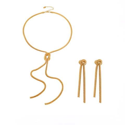 Stainless Steel Knot Snake Chain Necklace Tassel Earrings Jewelry Set Long Tassel Drop Earrings For Women Fashion Accessory