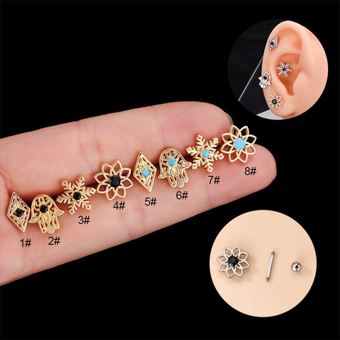 Vintage Hollow Flower Hamsa Hand Ear Cartilage Stud Piercing Jewelry Stainless Steel Copper Zircon Women Accessory
