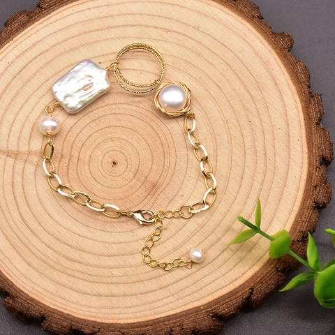 Artificial Baroque Pearl Bracelet Natural Freshwater Gold Plated Copper Bangle Adjustable Handmade Vintage Elegant Jewelry Women