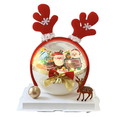 Christmas Reindeer Antler Headband Transparent Mousse Ball Cake Topper Festive Party Decoration Ribbon Bell LED Light