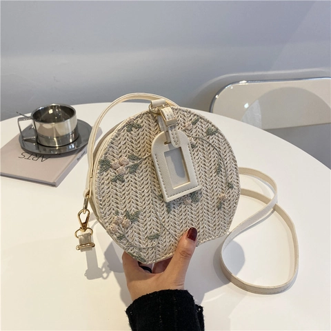 Women Round Straw Shoulder Bag Flower Embroidery Crossbody Handbag PU Leather Trim Small Fresh Style Vacation