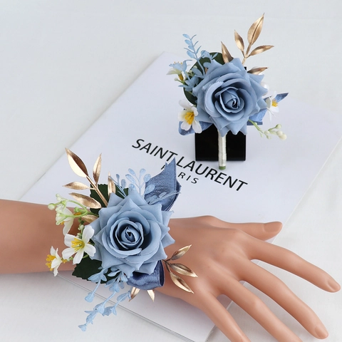 Künstliche Rose Boutonniere Und Handgelenk Blume Satinnstoff Goldblätter Künstliche Perlen Für Hochzeitsfeier Prom Romantisch