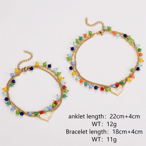 Double Layer Bracelet And Anklet 304 Stainless Steel Colorful Beaded Heart Charm Bohemian Jewelry For Women