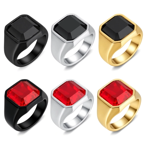 Anillo Sello Hombre Acero Inoxidable Gema Cuadrada Negro Rojo Punk Minimalista Estilo Industrial Joyería