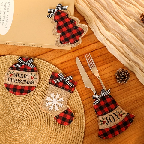 Porte Couverts De Noël Tissu Écossais Jute Décoration De Table Pochettes Vaisselle Sapin Chaussette Cloche Boule
