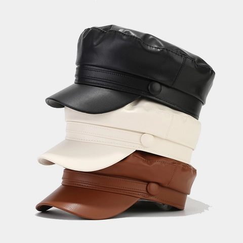 Berretto Newsboy Pelle PU Vintage Cappello Baker Boy Cima Piatta Tinta Unita Moda Ottagonale Militare Pittore Per Donne
