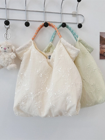 Borsa A Mano Donna Ricamo Floreale Poliestere Tela Tote Con Manico In Corda Intrecciata Stile Pastorale Casual Morbida