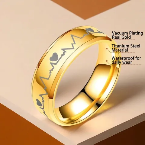 Heartbeat ECG Ring Stainless Steel Polished Heart Pattern Hip Hop Style Jewelry For Men And Women