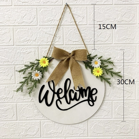 Insegna di Benvenuto in Legno Decorazione Porta D'ingresso Corona di Legno Rustica Con Fiocco in Iuta Margherita Artificiale Decorazione da Parete