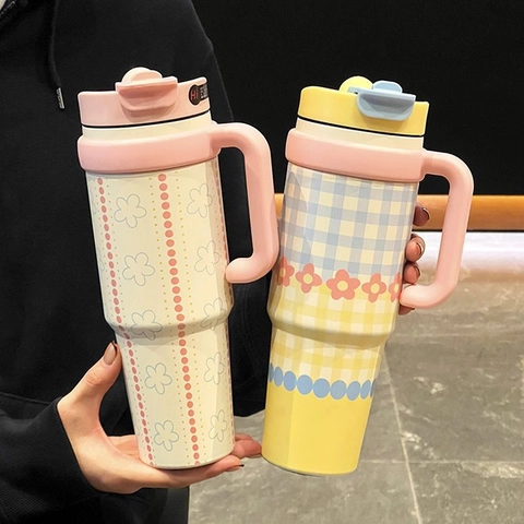 Insulated Tumbler Stainless Steel With Handle And Straw Portable Vacuum Flask Cute Fruit Patterned Drinkware