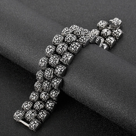 Men Bracelet 316L Stainless Steel Vintage Silver Color Wide Heavy Weight Celtic Weave Floral Carving Hip Hop Punk Biker