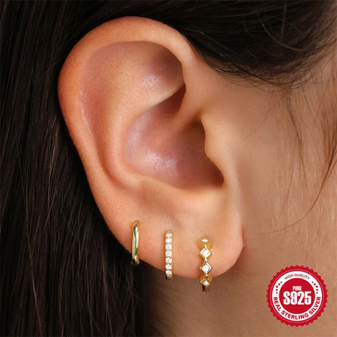 925 Sterling Silver Geometric Zirconia Hoop Stud Earrings For Women Minimalist Elegant Gold Plated Jewelry Accessories