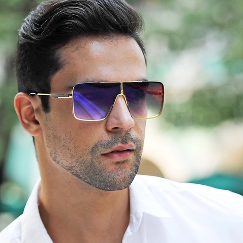 Men Oversized Square Sunglasses Metal Frame Gradient Lens UV400 Protection Fashion Retro Outdoor Eyewear