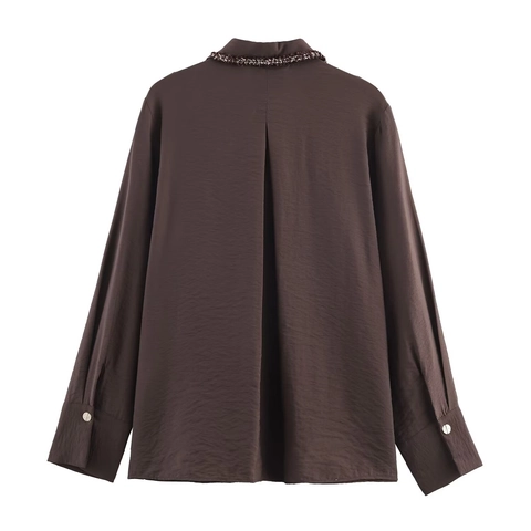 Dames Satijnen Getextureerde Blouse Lange Mouw Contrast Bies Knoopsluiting Shirt Casual Elegant Kantoor Mode