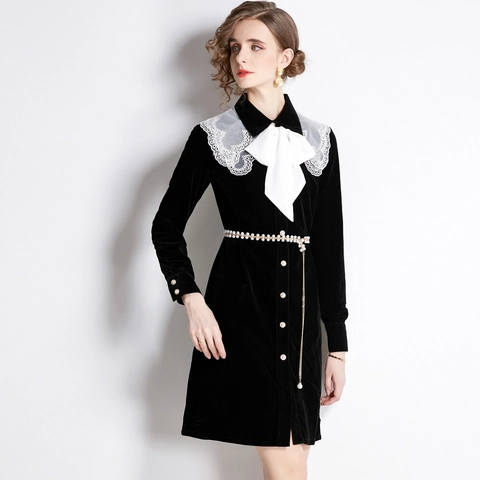 Vintage Schwarzes Samt Langarm Minikleid Mit Weißem Spitzenkragen Künstliche Perlenkette Gürtel Schleife Elegant Party