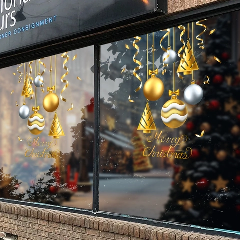 Christmas Window Stickers Gold Silver Balls Merry Christmas Static Cling PVC Glass Decals For Festival Shop Home Decor