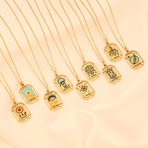 Tarot Karten Anhänger Halskette Edelstahl Rechteck Quadrat Geometrisch Emaille Sonne Mond Stern Mystischer Schmuck