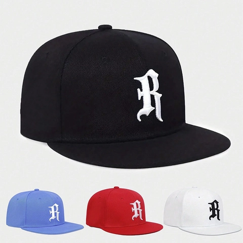 Honkbalpet Gotische Letter R Borduurwerk Platte Rand Snapback Hoed Polyester Verstelbaar Outdoor Zonbescherming Hip Hop Stijl