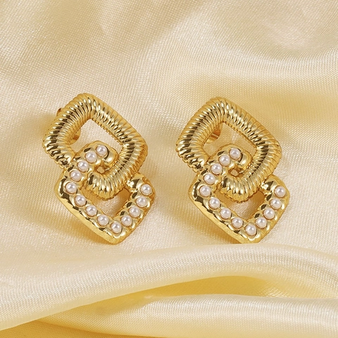 Pendientes De Botón Geométricos Rombo Capas Baño Oro 18K Acero Inoxidable 304 Perla Artificial De Concha Moda Retro Mujer