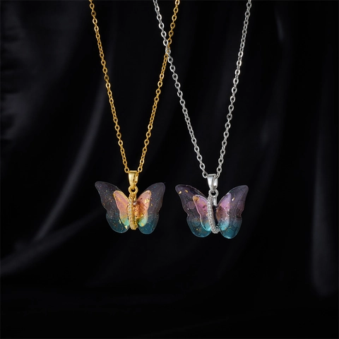 Collana Con Pendente A Farfalla Rame Zircone Resina Sfumata Catena In Acciaio Al Titanio Gioielli Eleganti Da Donna