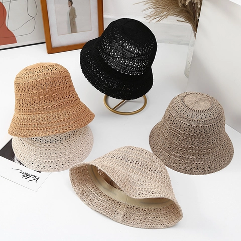 Japanese Hollow Knitted Bucket Hat Women Spring Summer Breathable Sun Protection Dome Wide Brim Woven Basin Hat Foldable