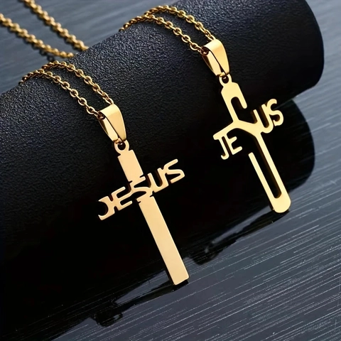 Collar De Cruz De Jesús De Acero Inoxidable Colgante Religioso Diseño Hueco Chapado En Oro 18K Joyería Para Hombre Mujer