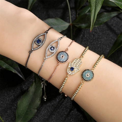 Böser Blick Hamsa Hand Armband Kupfer Mikro Pave Zirkon Verstellbare Kette Schmuck Für Frauen