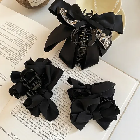 Schwarze Satin Schleife Haarkralle Mit Strass Große Haarklammer Eleganter Französischer Stil Haarschmuck Für Damen