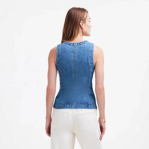 Gilet Di Denim Donna Slim Fit Senza Maniche Girocollo Bottoni Denim Lavato Casual Streetwear Top Blu