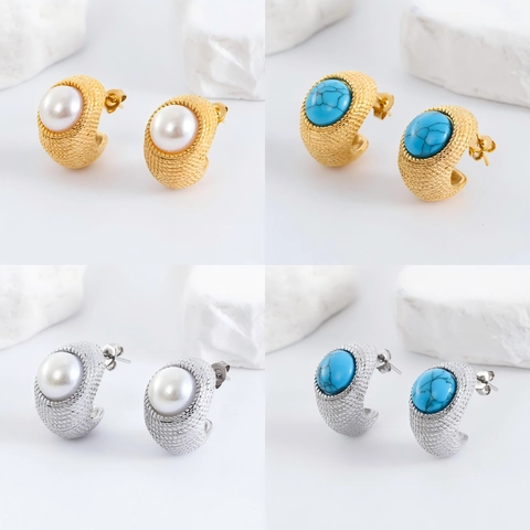 Orecchini A Lobo A Forma Di C Vintage Acciaio Inossidabile 304 Con Perla Artificial Turchese Intarsiato Trama Intrecciata Per Donne