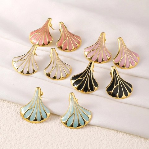 Vintage Roestvrij Staal 18K Verguld Waaiervormig Emaille Oorknopjes Voor Vrouwen Ginkgoblad Druppelende Olie Sieraden