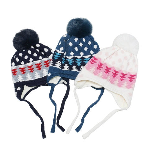 Gorro Y Bufanda De Punto De Invierno Para Niños Forro De Felpa Cálido Gorra Con Orejeras Y Pompon Jacquard Patrón Árbol Punto
