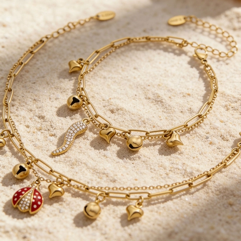 Luxury 18K Gold Plated Stainless Steel Double Layer Charm Bracelet Women Zircon Ladybug Heart Bell Pendant Jewelry