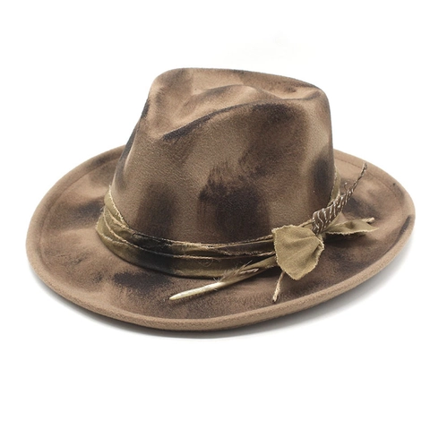 Cappello Fedora Vintage Feltro Di Lana Effetto Consumato Tesa Larga Stile Cowboy Occidentale Con Decorazione Di Piuma Per Uomo Donna