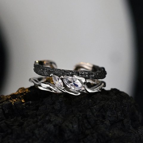925 Sterling Zilveren Verstelbare Ring Met Marquise Zirkoon Tak Textuur Tweekleurig Gothic Punk Sieraden Unisex