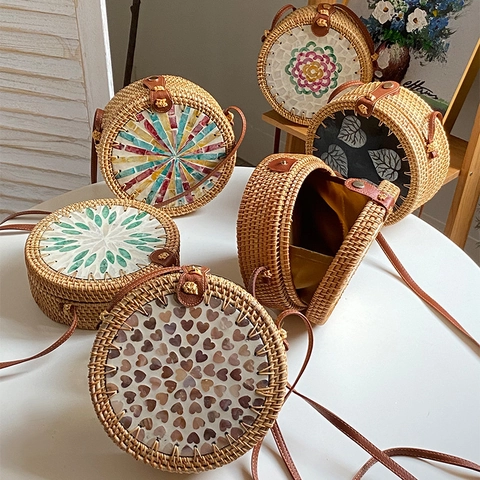 Handgefertigte Runde Geflochtene Rattan Umhängetasche Mit Muschel Mosaik Inlay Boho Retro Stil Schultertasche Für Damen