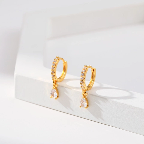 Fashion Copper 18K Gold Plated Red White Zirconia Waterdrop Pendant Hoop Earrings For Women Business Commute Jewelry