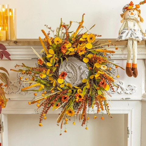 Künstlicher Herbstkranz Sonnenblumen Ahornblätter Für Haustür Erntedankfest Dekoration Kunststoff Rattan Basis