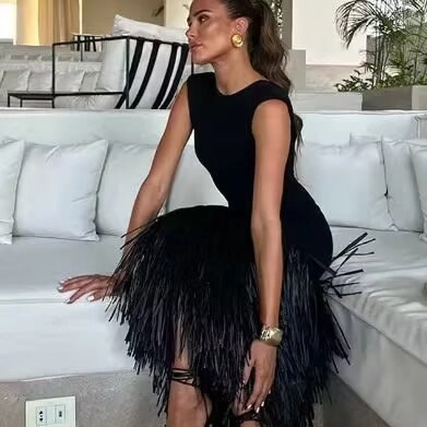 Knitted Maxi Dress Sleeveless Backless Fringe Tassel Hem Ribbed Elegant Sexy Club Party Long Sweater Gown For Women