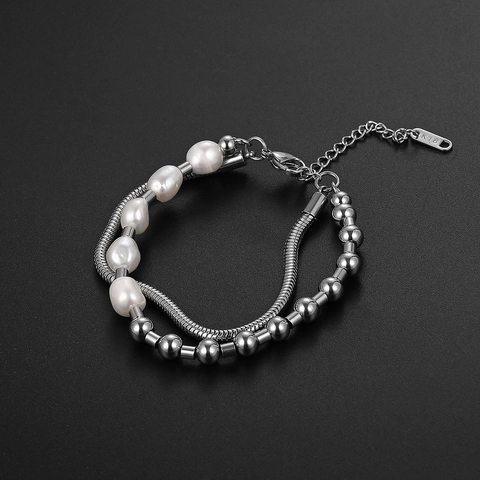 Dubbellaagse Armband Met Roestvrijstalen Slangenketting En Onregelmatige Kunstparel Titaniumstalen Sieraden Voor Unisex