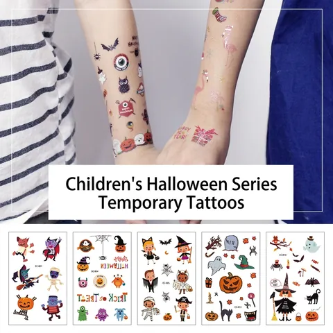 Tatuaggi Temporanei Halloween Per Bambini Adesivi Impermeabile Cartone Animato Zucca Fantasma Pipistrello Ragno Modelli