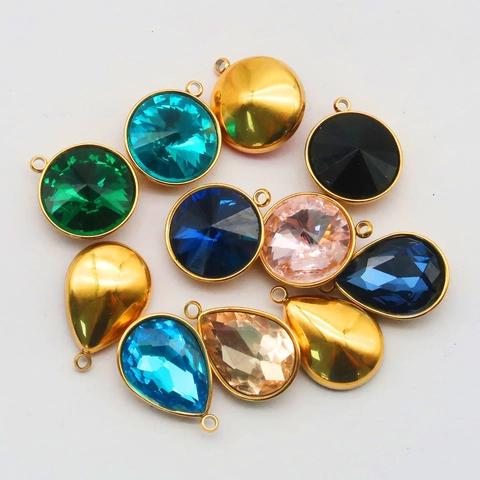 Stainless Steel Faceted Glass Crystal Gemstone DIY Jewelry Making Pendant Multi Shape Color Necklace Earring Finding
