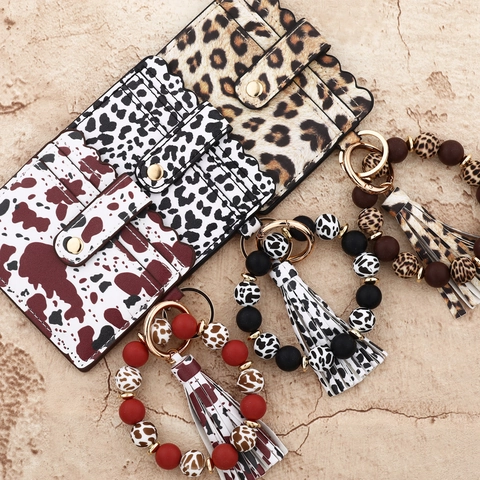 Card Holder Keychain With Silicone Bead Wristlet Bracelet Tassel PU Leather Leopard Cow Print For Women