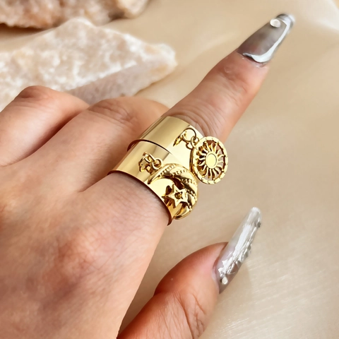 Zon Maan Ster Bedels Verstelbare Open Ringen 18K Verguld Roestvrij Staal Brede Band Vintage Hemelse Sieraden