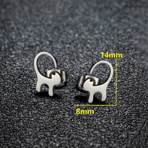 Minimalist Stainless Steel Cat Stud Earrings For Women Cute Cartoon Animal Pet Kitty Long Tail Polished Jewelry Accessory